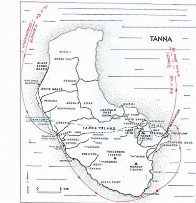 Mapa z trasa rejsu wokol Tanna